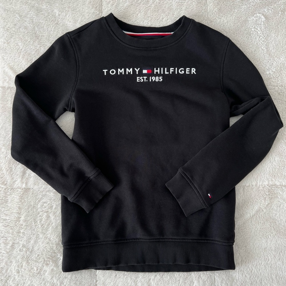 Tommy Girls Boys Black Logo Embroidered Preppy Crew Sweatshirt Long Sleeve